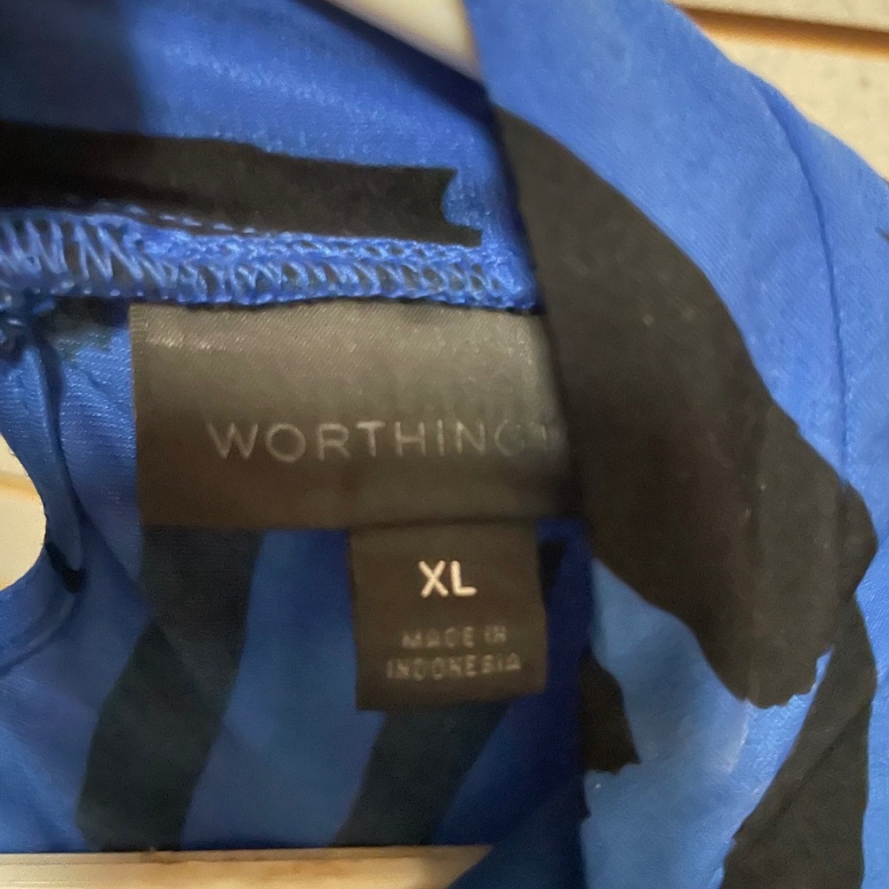 Worthington Womens XL Blue Black Abstract Brushstroke Mock Neck Pleated Blouse - Picture 2 of 6